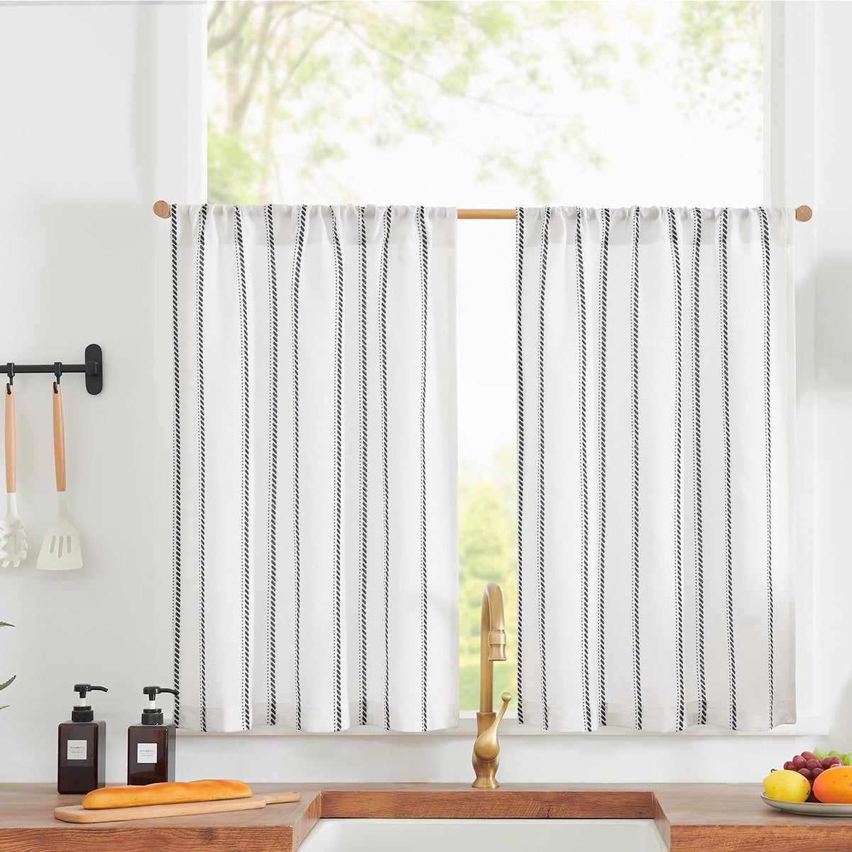 jinchan Linen Striped Tier Curtains for Kitchen Windows Farmhouse