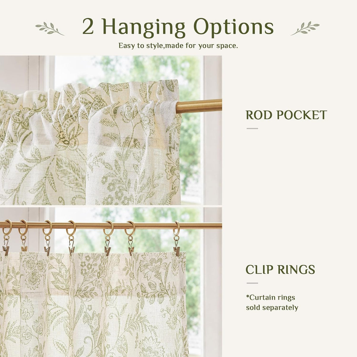 jinchan Floral Kitchen Tier Curtains 24 Inch 2 Panels Sage Green on Beige