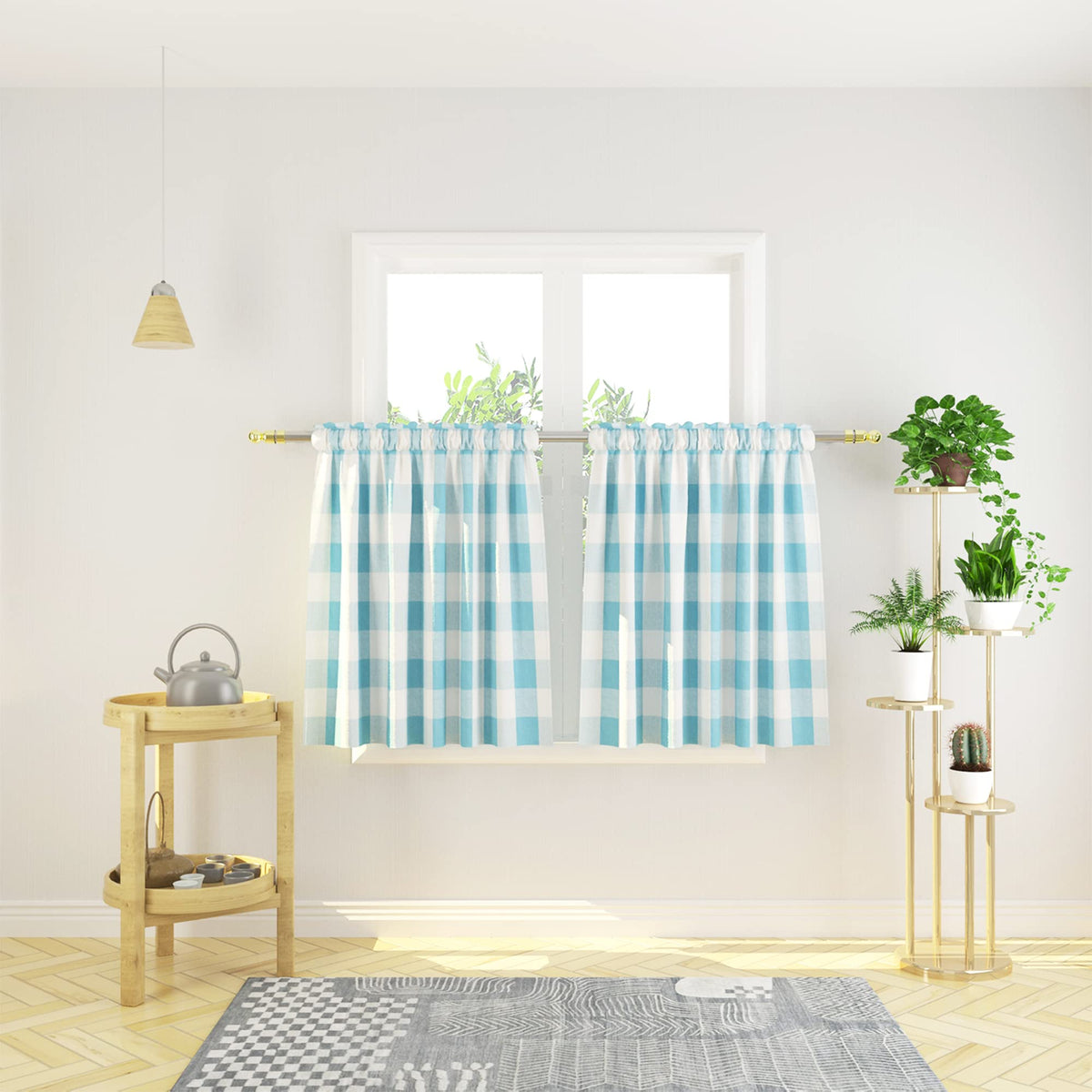 Buffalo Check Kitchen Tier Curtain 24 inches Long Plaid Gingham Rod Pocket Classic Cafe Curtains Country Farmhouse Kitchen Half Window Curtains 2 Panels Beige & White