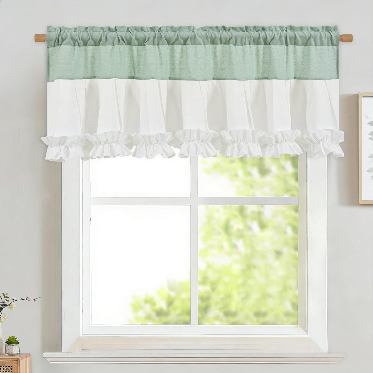 Likiyol Linen Valances for Windows Farmhouse Ruffle Swag Valance Rustic Country Window Valances Light Filtering Kitchen Curtains Rod Pocket Valance Curtains for Bathroom Cafe, Green, 60" W x 36" L