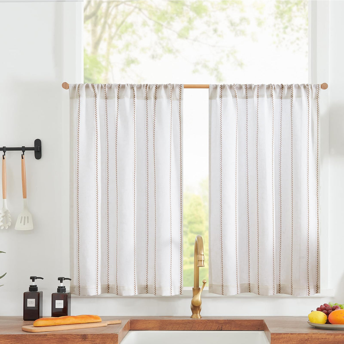 jinchan Linen Striped Tier Curtains for Kitchen Windows Farmhouse