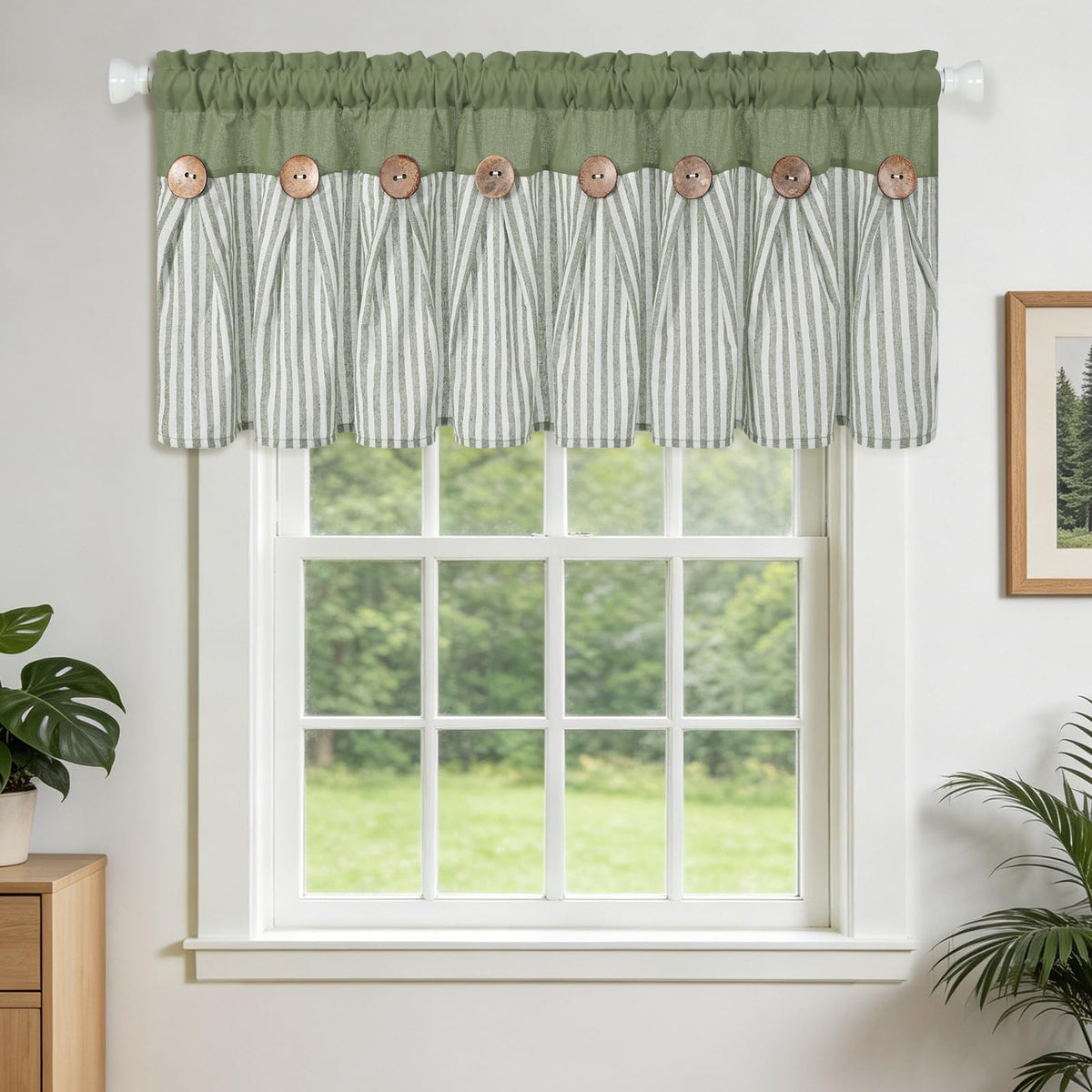 BLEUM CADE Farmhouse Kitchen Curtains 36 Inch, Cotton Linen Cafe Curtains with Rustic Buttons, Boho Small Window Curtains for Bathroom, Green Stripe Half Window Drapes Over Sink, 2 Panels