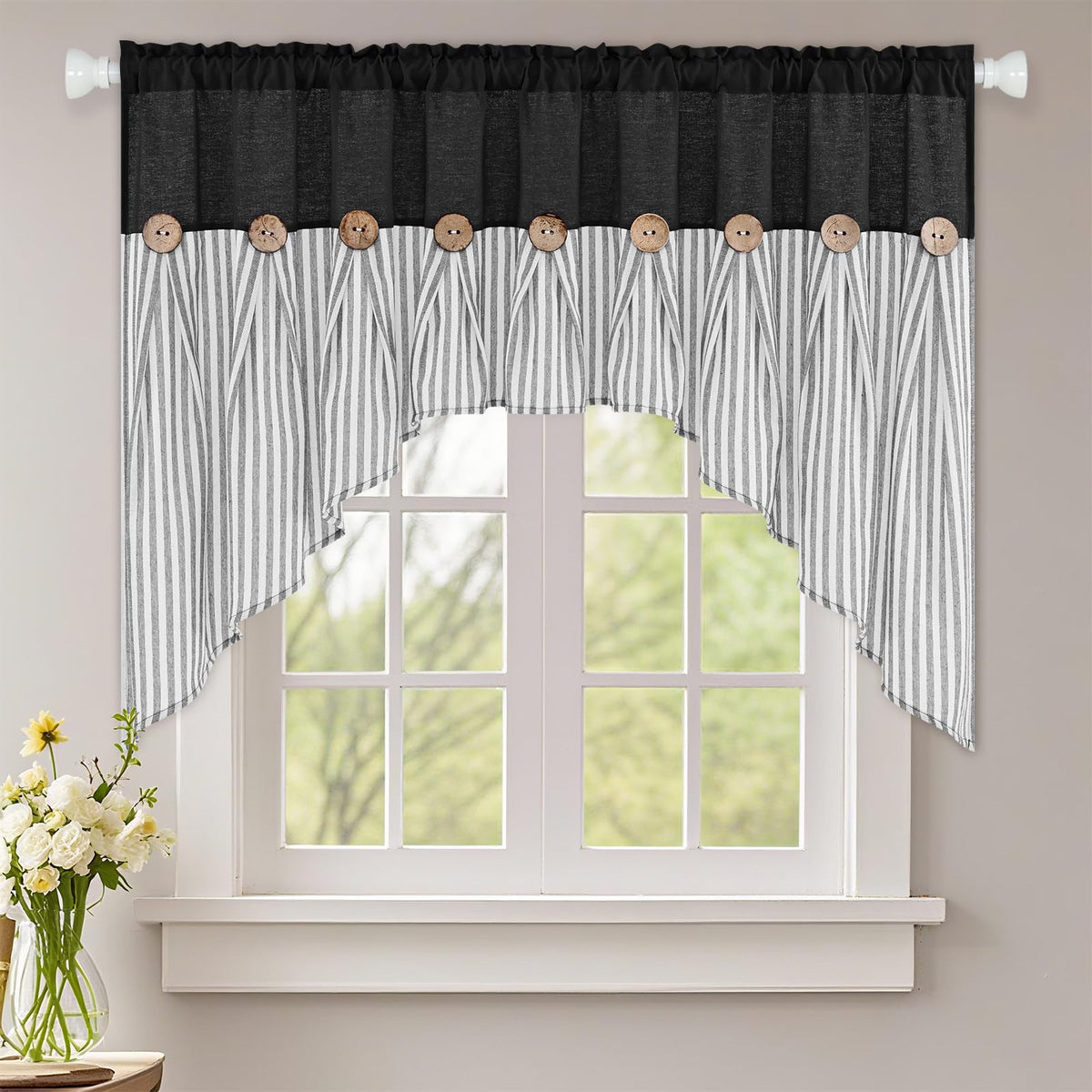 ASPMIZ Cotton Linen Kitchen Valance Curtains, Boho Rustic Button Linen Valances for Windows Farmhouse, Black with Grey Stripe Valance Window Topper Treatment Window Valances for Bathroom, 52 x 18 Inch