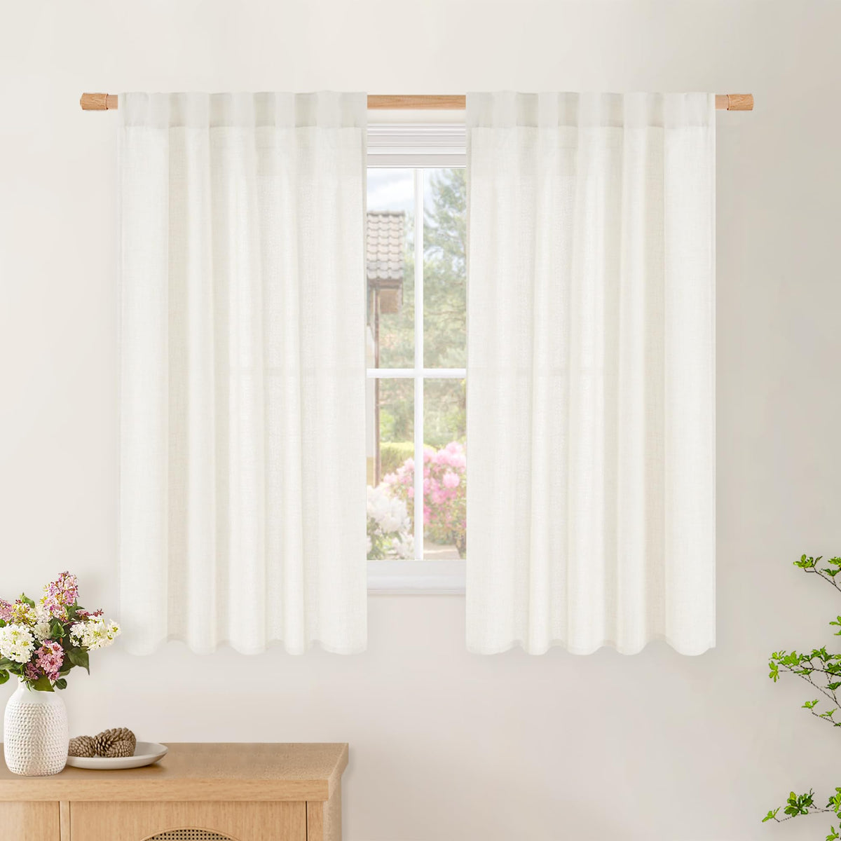 BGment White Linen Kitchen Curtains 40 Inch Length for Short Window