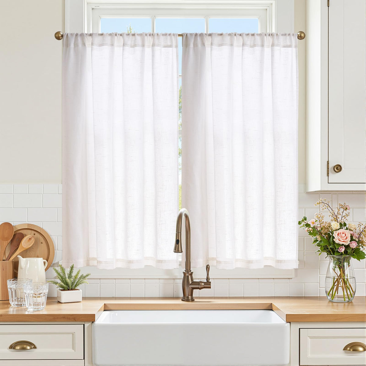 jinchan Linen Pinch Pleated Back Tab Tier Curtains, 26x36, Natural