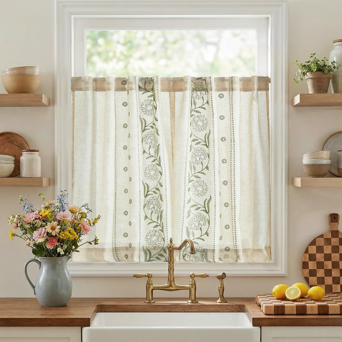 jinchan Beige Floral Linen Kitchen Tier Curtains 36 Inch, 2 Panels