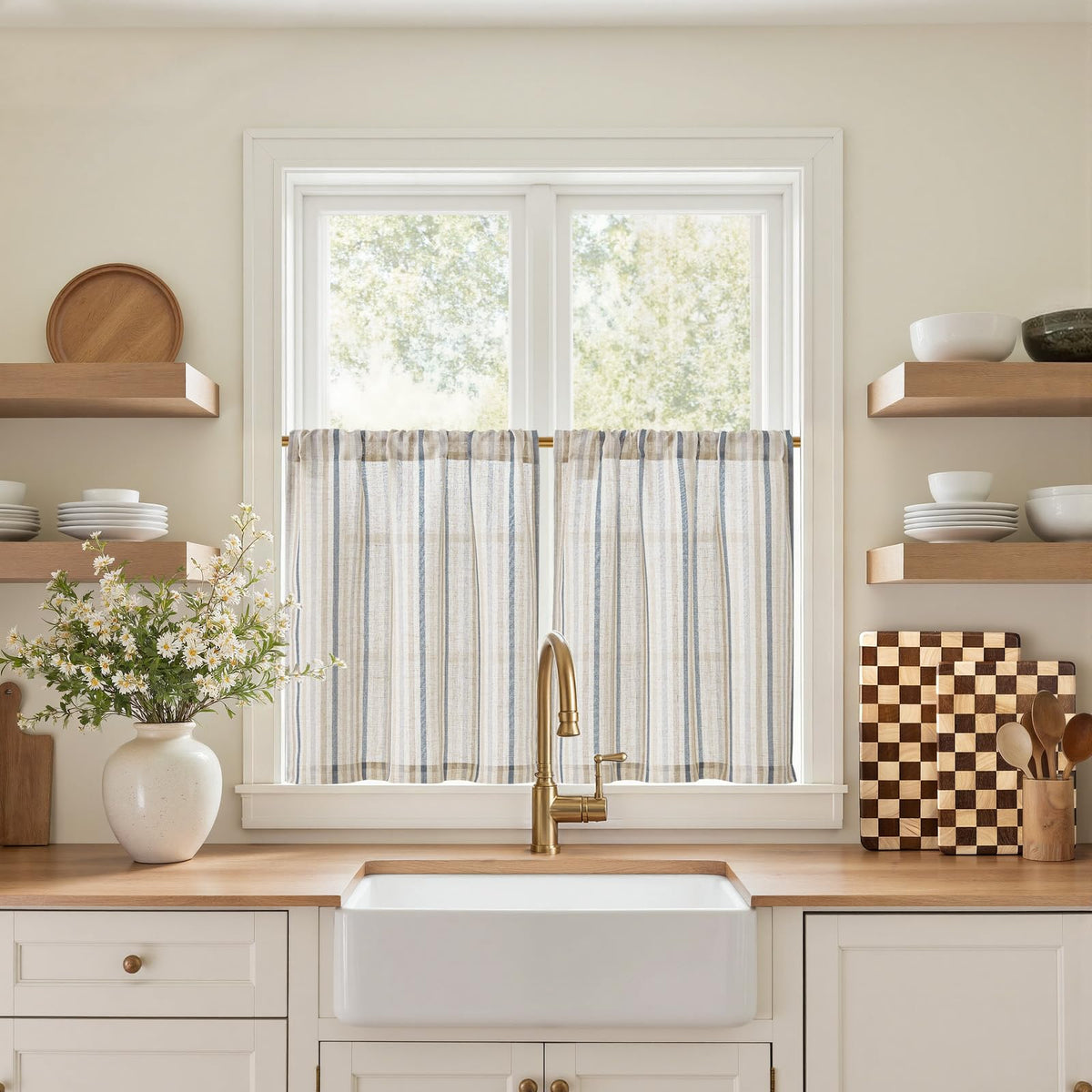 jinchan Striped Linen Kitchen Tier Curtains, 30 Inch, Sage Green, 2 Panels