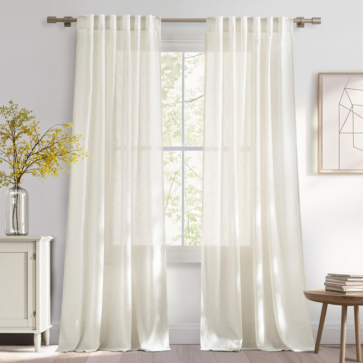 NICETOWN Natural Linen Kitchen Curtains 26 inches Long, Rod Pocket & Back Tab Semi Sheer Flax Window Treatments Rustic & Cute for Cafe/Kids Room, W37 x L26, 2 Panels