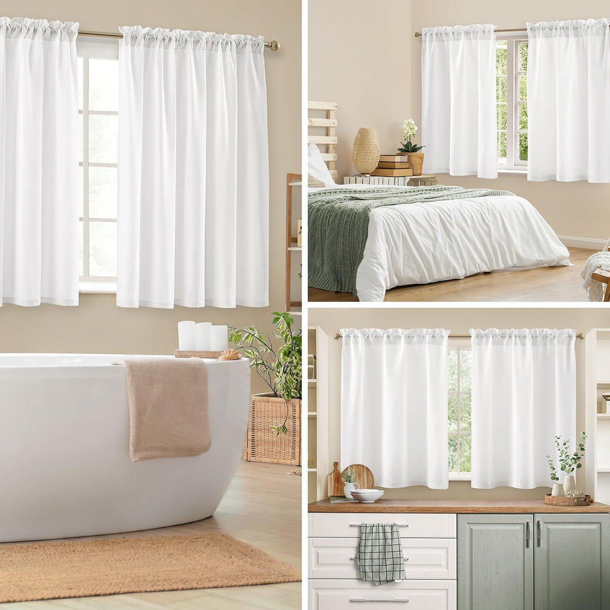 HOMEIDEAS Non-See-Through White Sheer Kitchen Curtains, 30 X 36 Inches Long