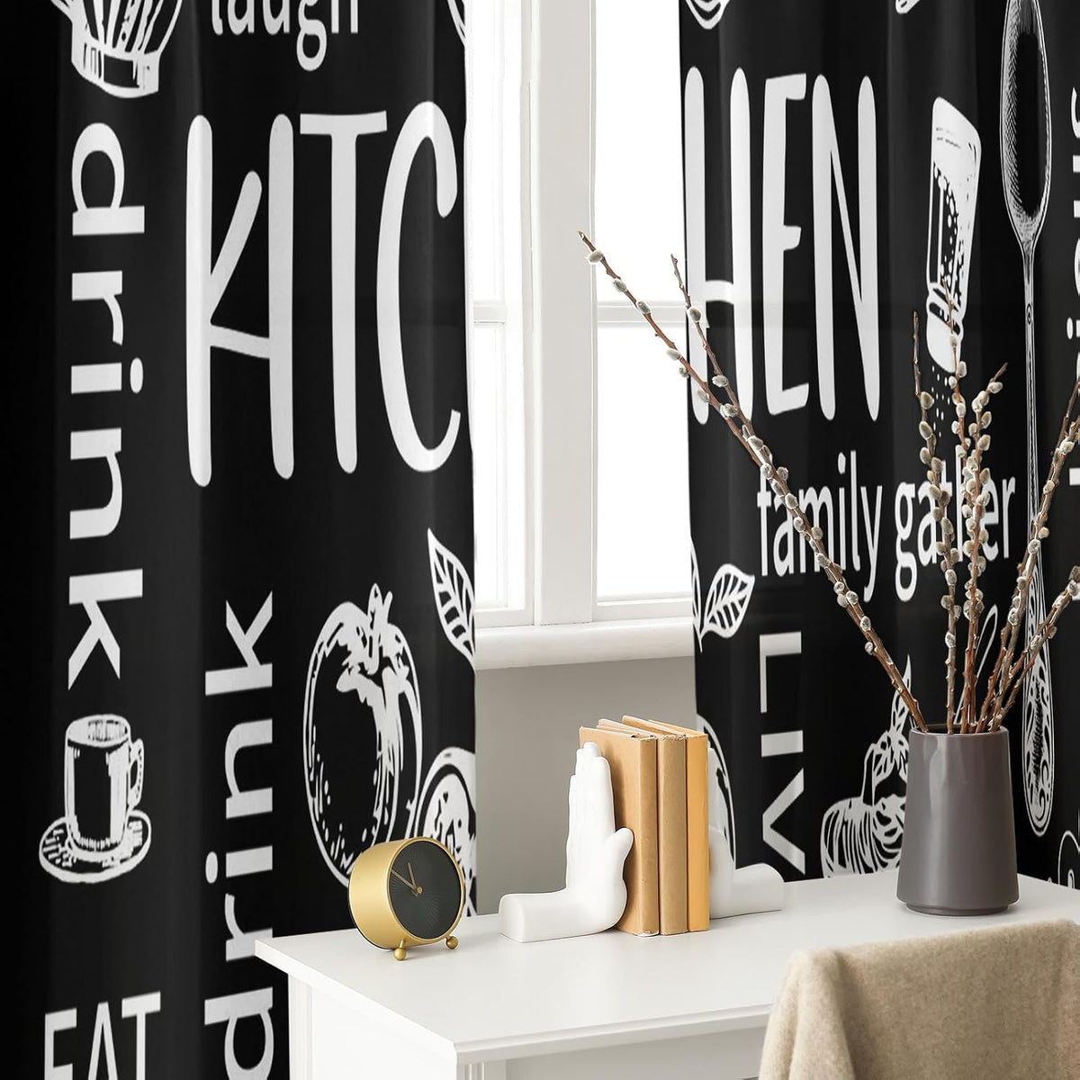 Arttown Kitchen Curtains 63 Inch Length, 2 Pack, Abstract Doodle Modern