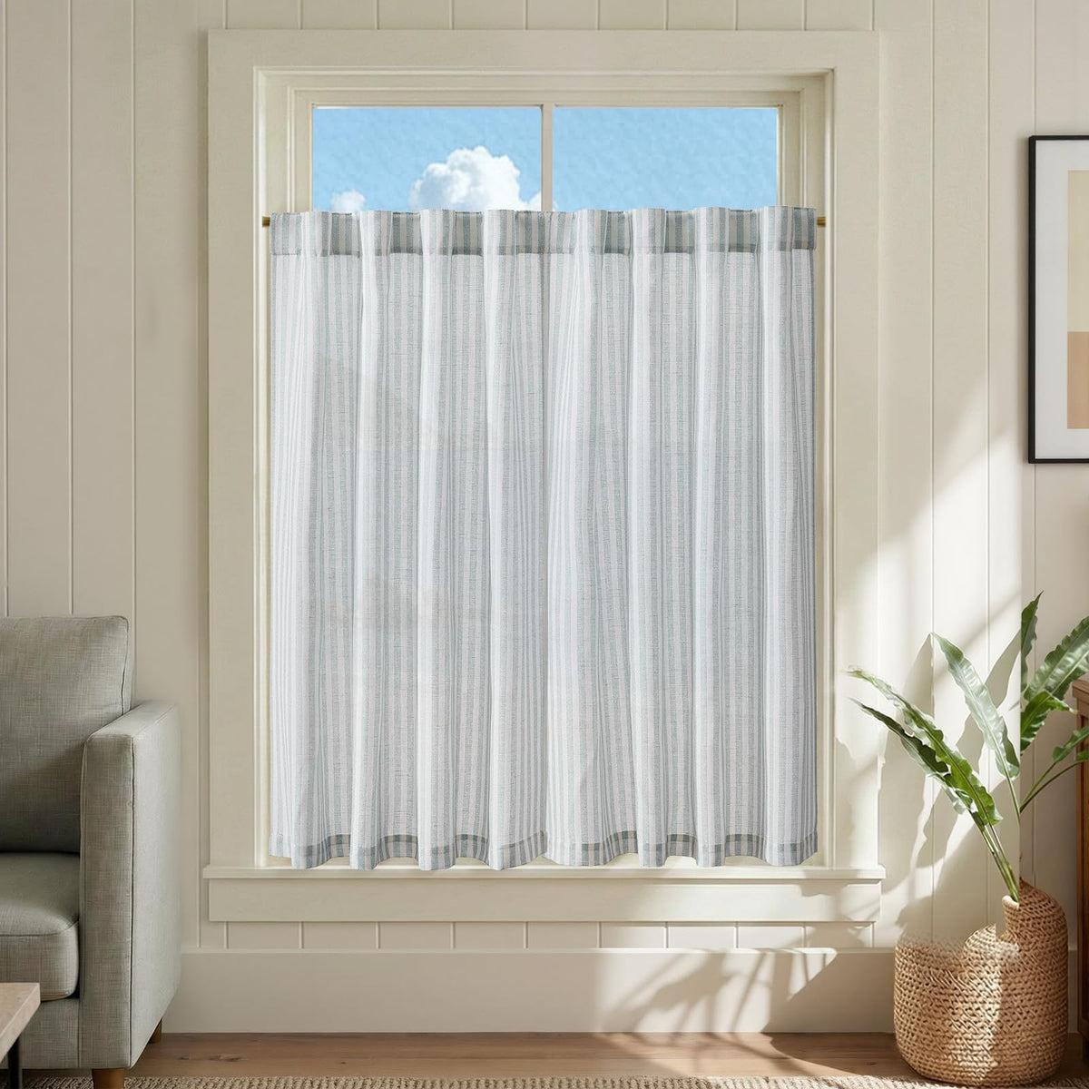 jinchan Striped Linen Kitchen Tier Curtains, 30 Inch, Sage Green, 2 Panels