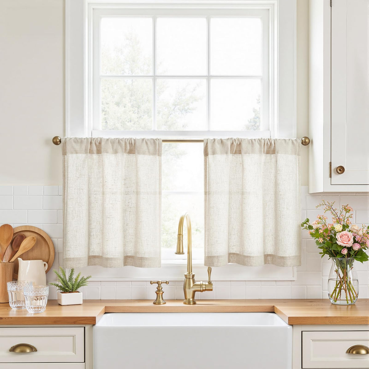 jinchan Linen Pinch Pleated Back Tab Tier Curtains, 26x36, Natural