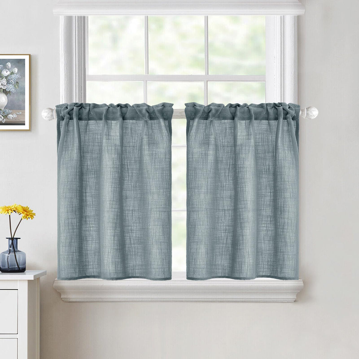 MIULEE Spring Linen Textured Kitchen Window Curtains over Sink 24 Inch Length Semi Sheer Farmhouse Small Curtains for Cafe Bathroom Basement, Short Rod Pocket Tier Curtains 2 Panels W26XL24 Sage Green