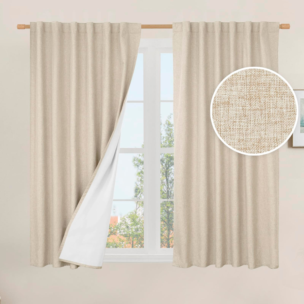 LAMIT Full Blackout Linen Kitchen Window Curtains 36 Inches Long, Ivory