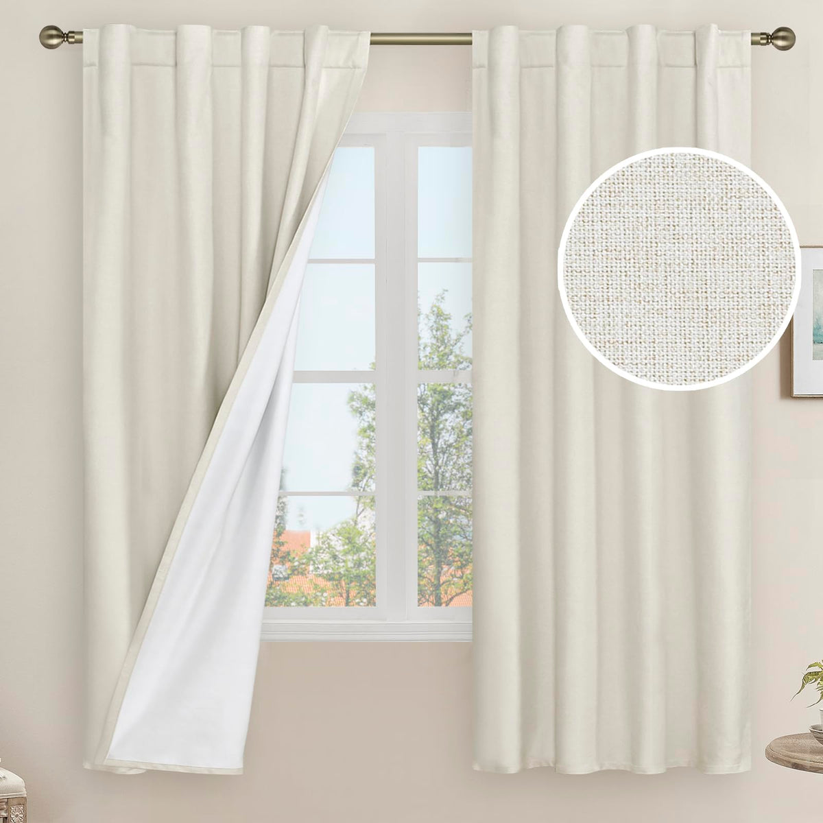 LAMIT Full Blackout Linen Kitchen Window Curtains 36 Inches Long, Ivory