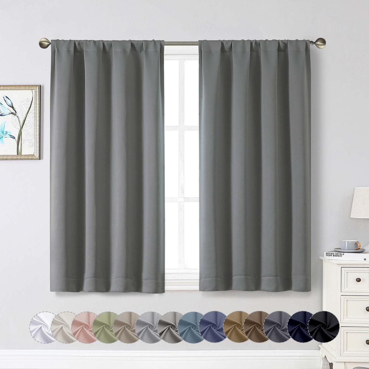 Black Cafe Blackout Curtains 36 Inch Length 2 Panels Set, Soft Solid Thermal Insulated Room Darkening Small Window Curtains for Kitchen Bathroom Basement, Black, Each, 40" Wx36 L