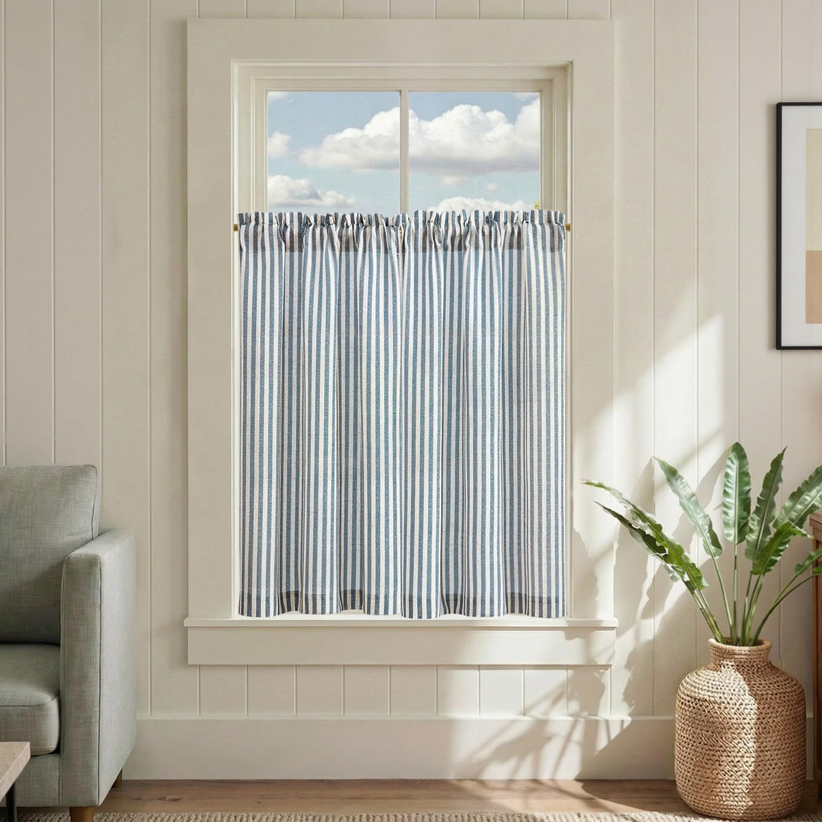 jinchan Striped Linen Kitchen Tier Curtains, 30 Inch, Sage Green, 2 Panels