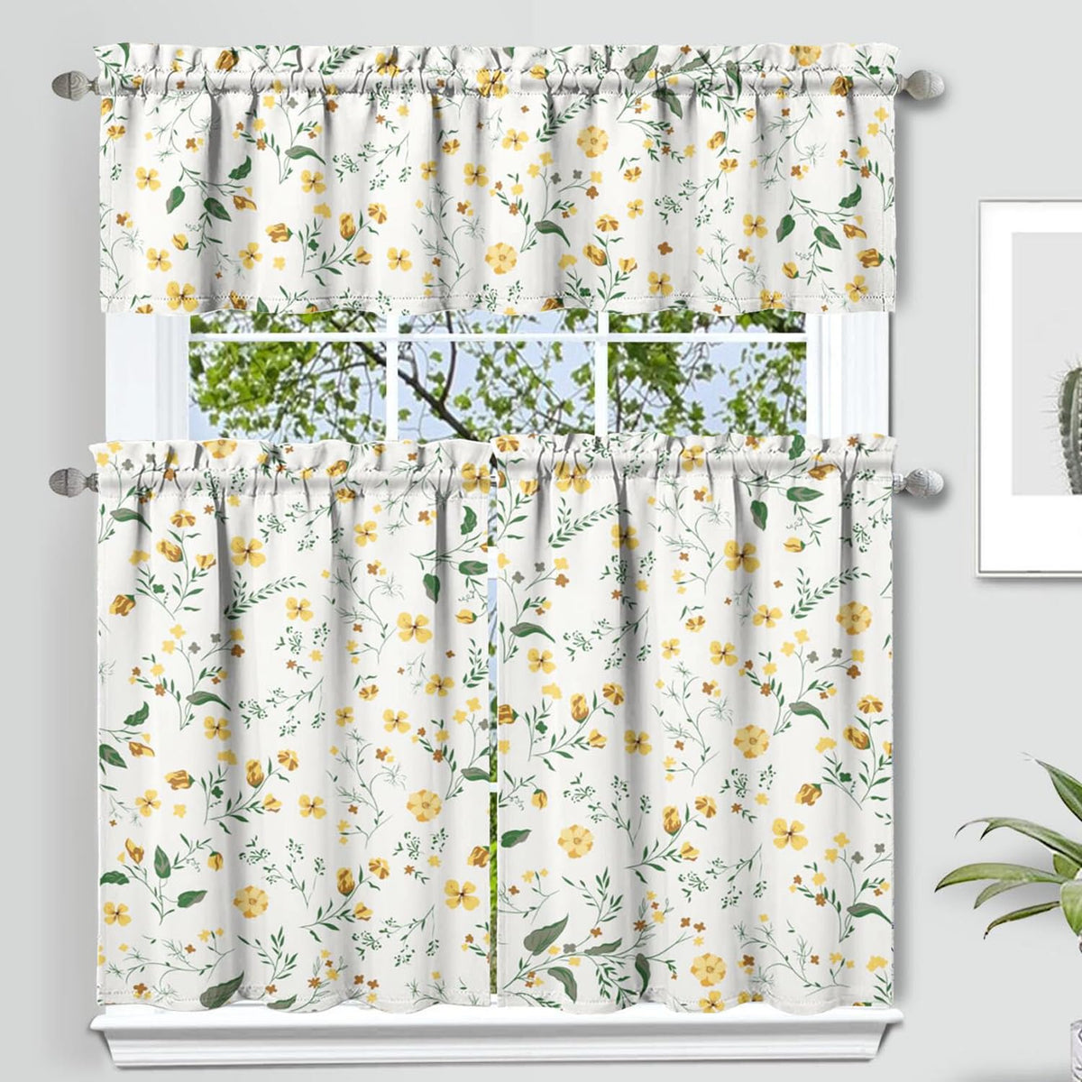 Sage Kitchen Curtain Valance 3 Piece Set, Sage Leaf Floral Kitchen Decor for Home Interior, Farmhouse Style Sink Window Curtains 36 Inch