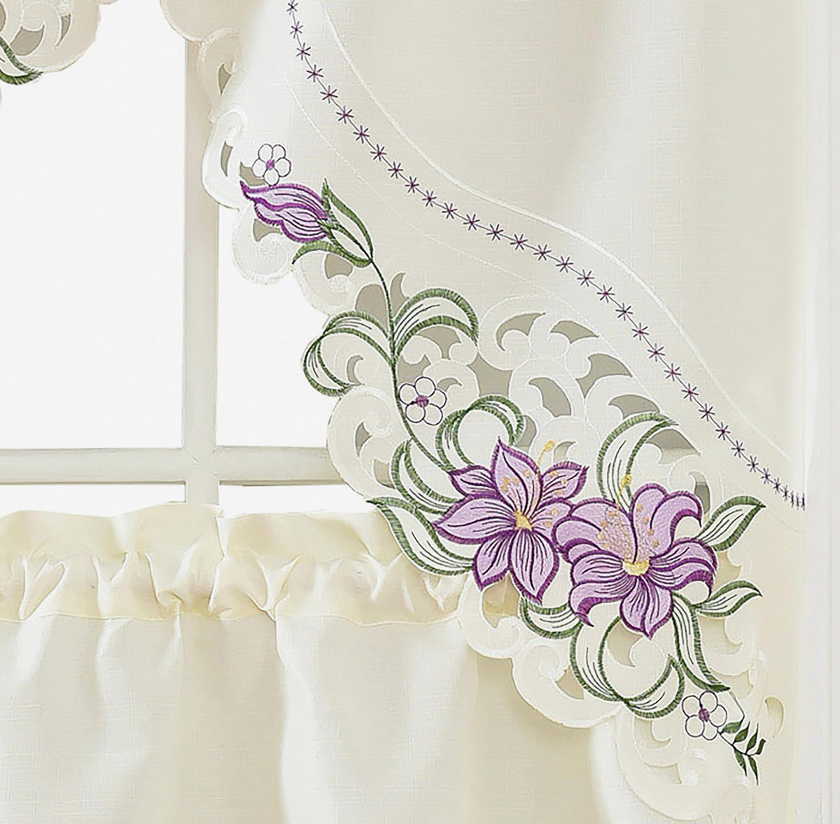 GOHD Lily Fragrance 3pcs Colorful Embroidery Kitchen Cafe Curtain Set.Beige