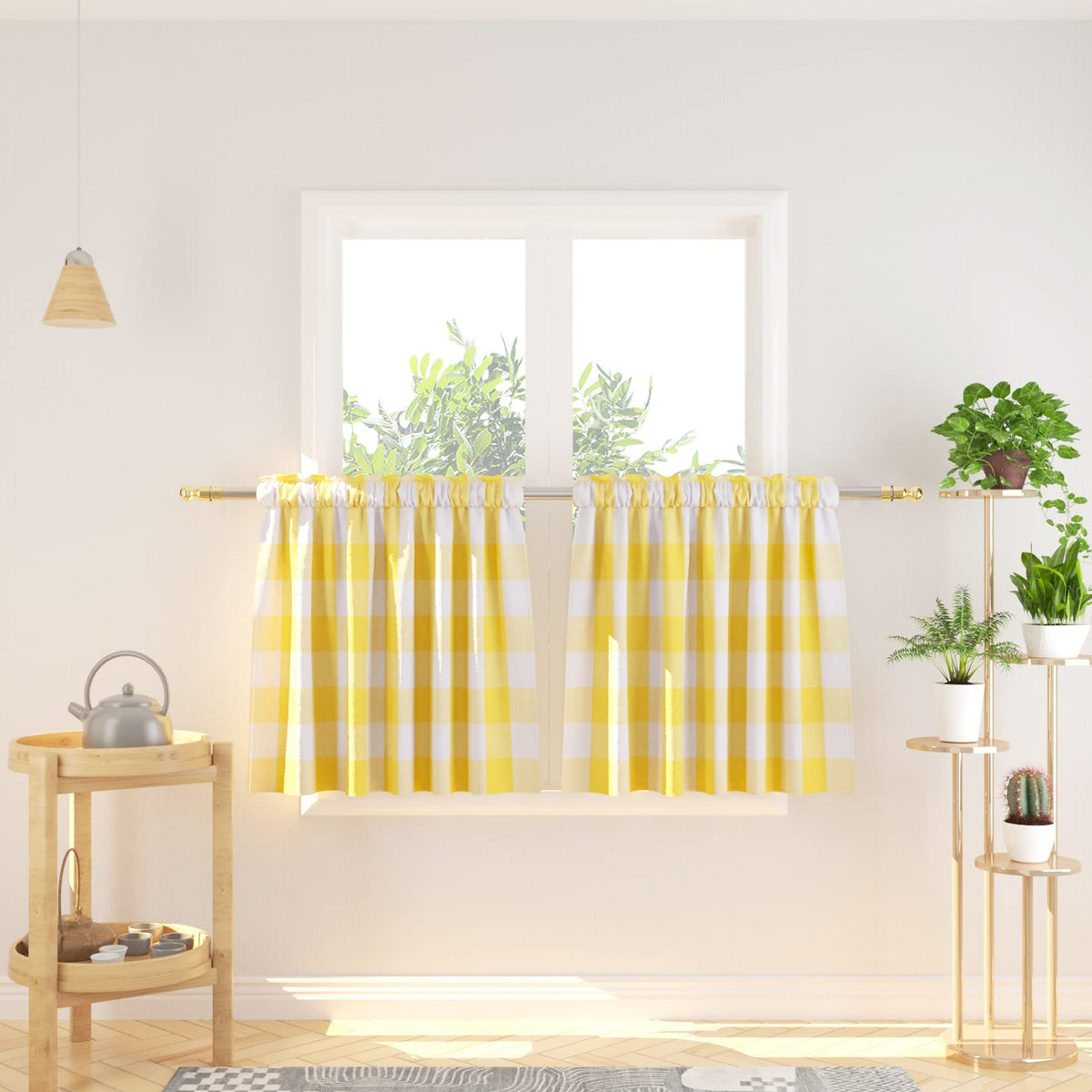 Buffalo Check Kitchen Tier Curtain 24 inches Long Plaid Gingham Rod Pocket Classic Cafe Curtains Country Farmhouse Kitchen Half Window Curtains 2 Panels Beige & White