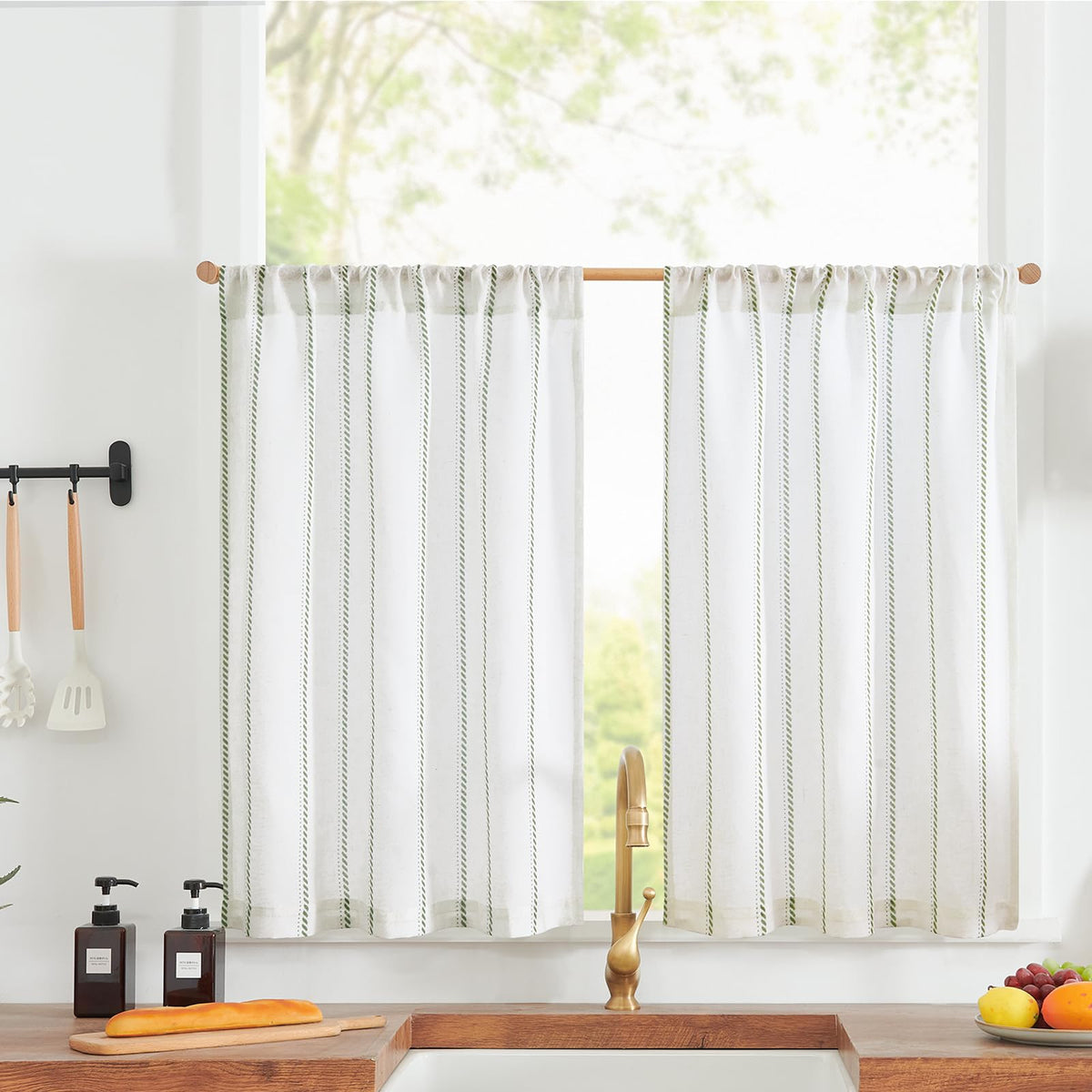jinchan Linen Striped Tier Curtains for Kitchen Windows Farmhouse