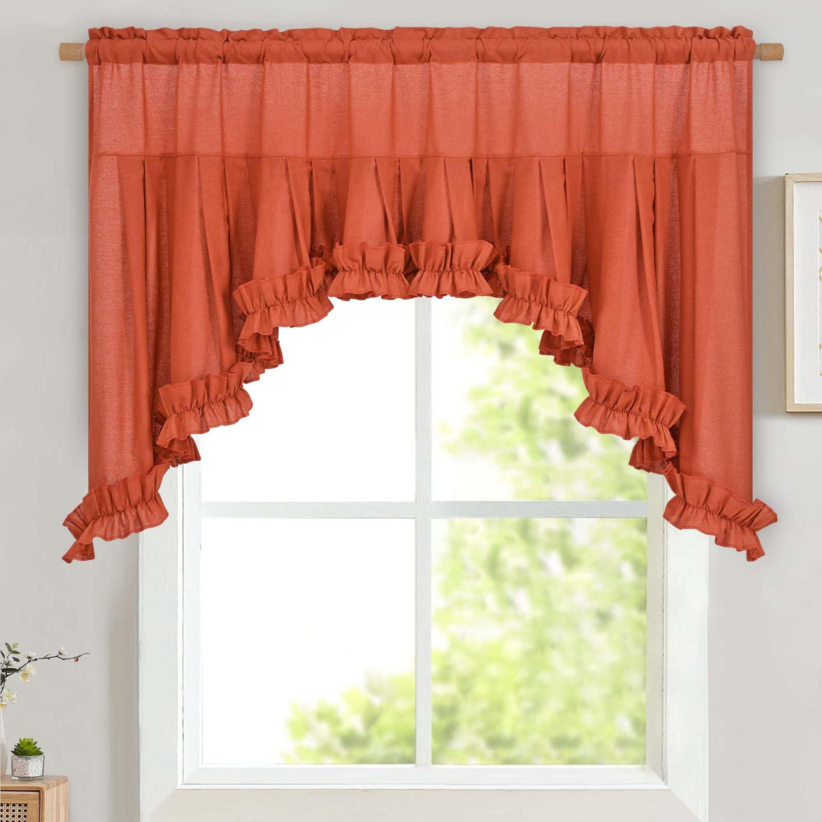 Likiyol Linen Valances for Windows Farmhouse Ruffle Swag Valance Rustic Country Window Valances Light Filtering Kitchen Curtains Rod Pocket Valance Curtains for Bathroom Cafe, Green, 60" W x 36" L