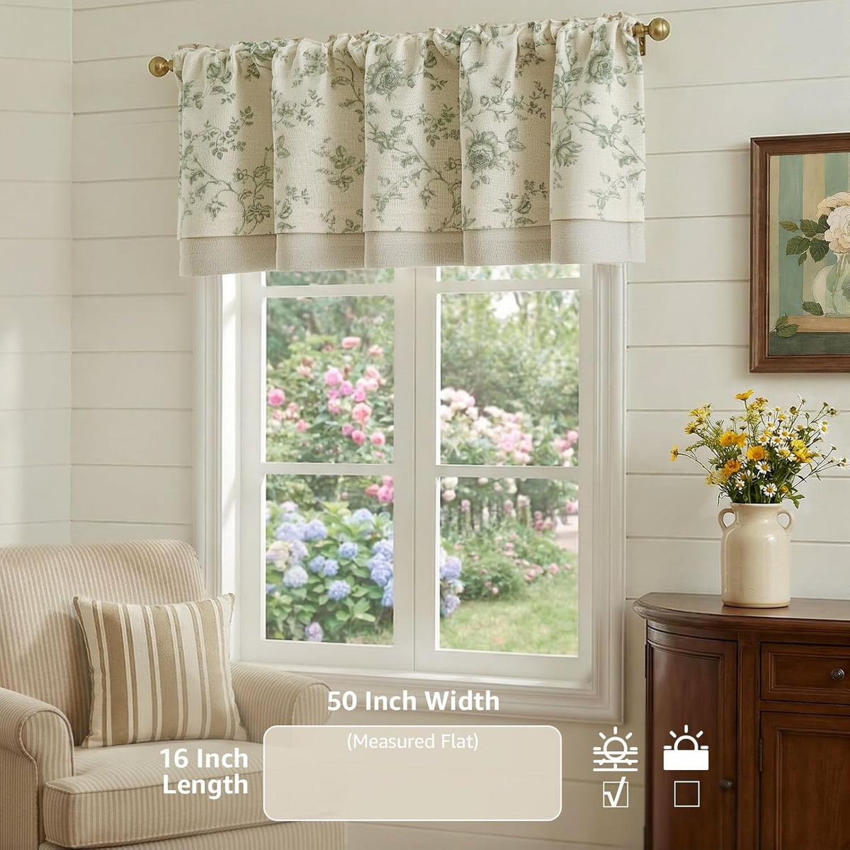 jinchan Amlie Floral Linen Valance Curtain Farmhouse 1 Panel 16 Inch Green