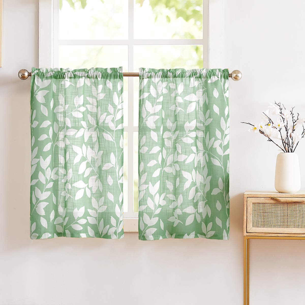 Leaf Kitchen Curtains 36"L Small Tier Window Curtains White Taupe 2pcs