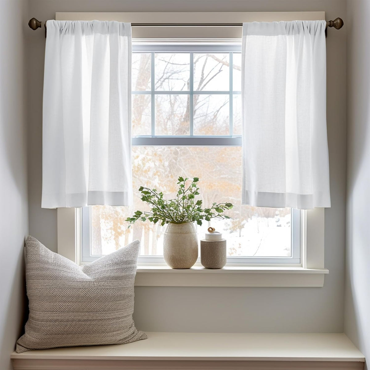 jinchan Linen Blend Kitchen Tier Curtains, 24 Inch, White, 2 Panels