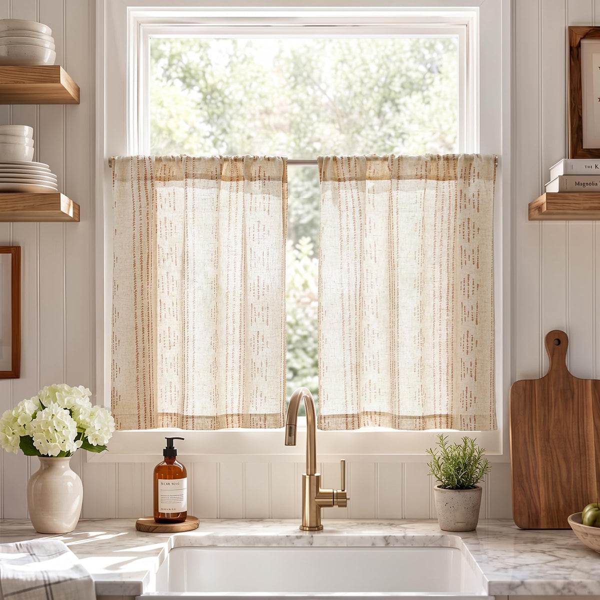 jinchan Linen Striped Tier Curtains for Kitchen Windows Farmhouse