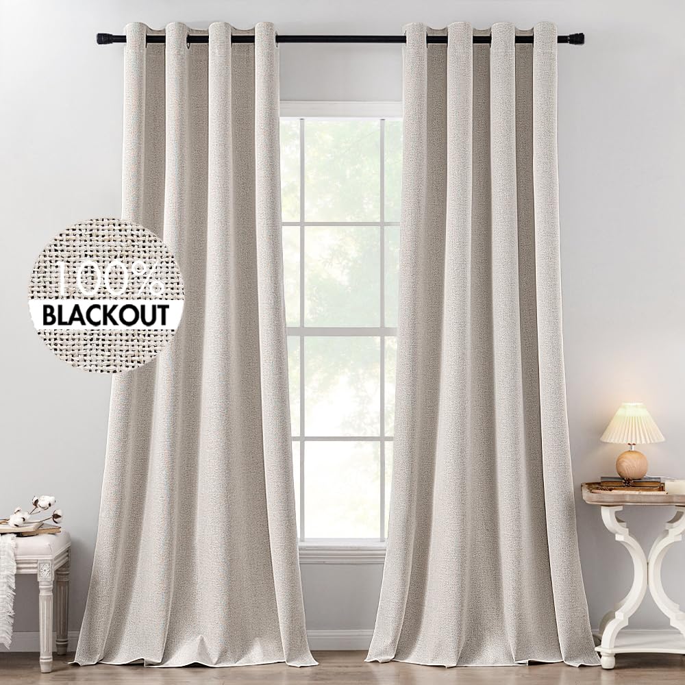 MIULEE 100% Blackout Linen Curtains for Bedroom 52x54 Inches Natural Beige