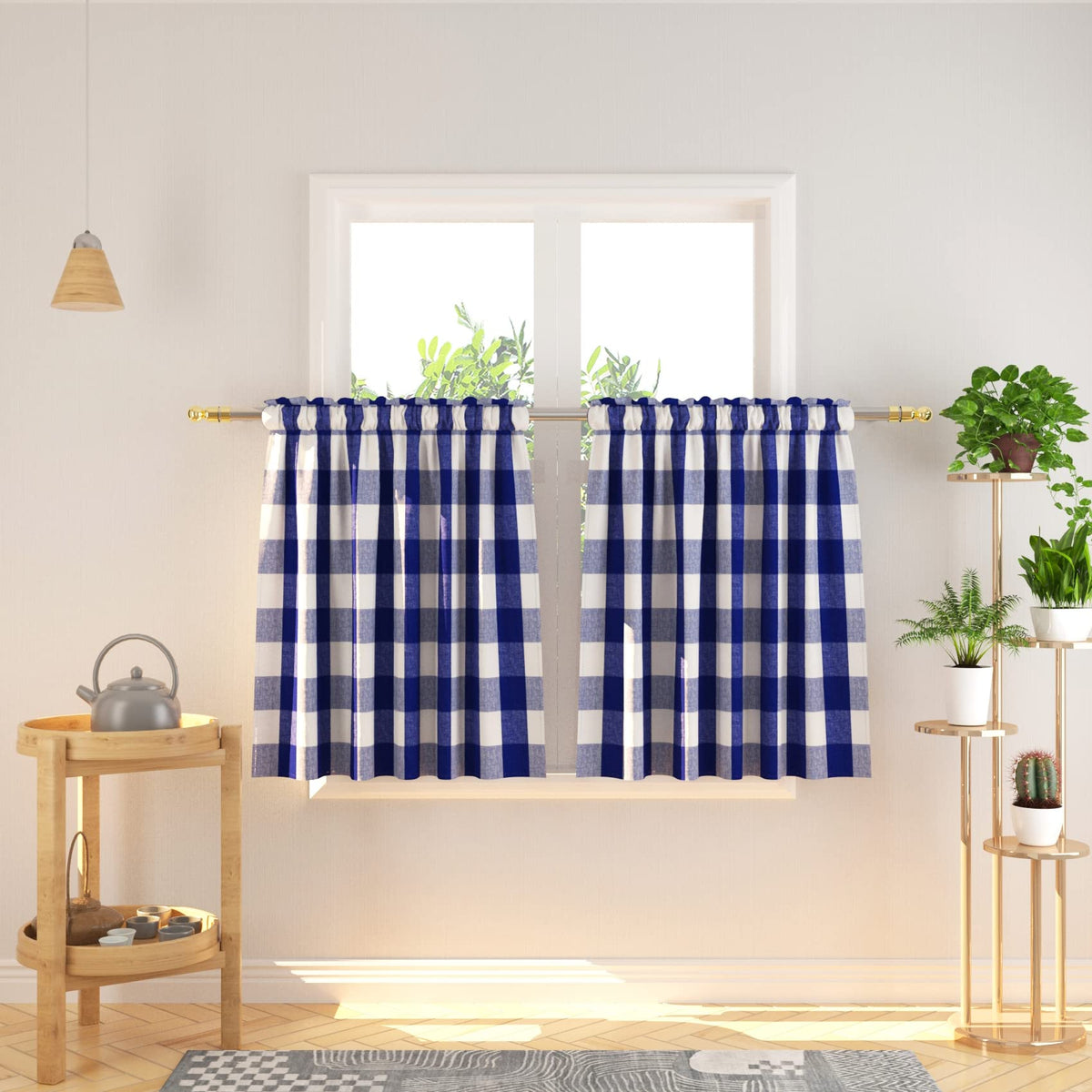 Buffalo Check Kitchen Tier Curtain 24 inches Long Plaid Gingham Rod Pocket Classic Cafe Curtains Country Farmhouse Kitchen Half Window Curtains 2 Panels Beige & White
