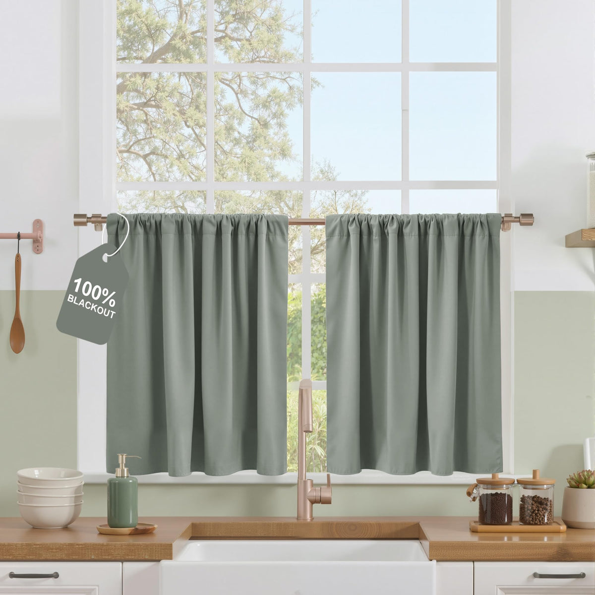 NICETOWN 100% Black Out Kitchen Curtains 36 Inch Length, W52xL36, 2 Panels