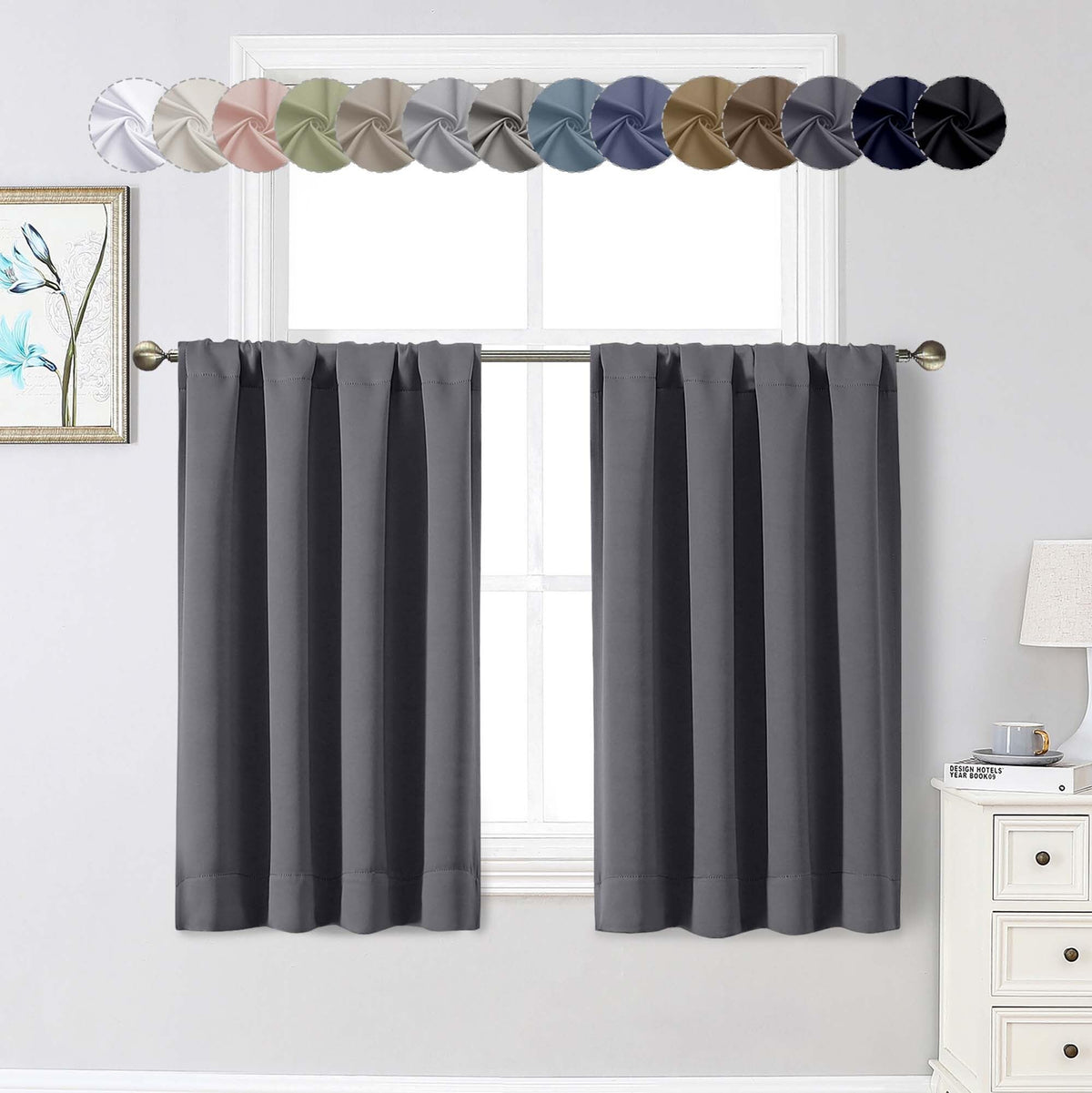 Black Cafe Blackout Curtains 36 Inch Length 2 Panels Set, Soft Solid Thermal Insulated Room Darkening Small Window Curtains for Kitchen Bathroom Basement, Black, Each, 40" Wx36 L