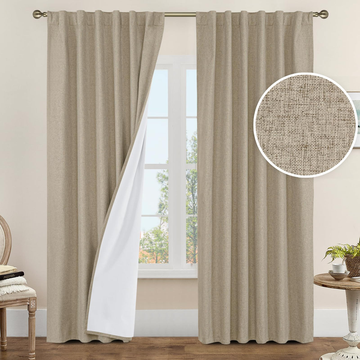 LAMIT Full Blackout Linen Kitchen Window Curtains 36 Inches Long, Ivory