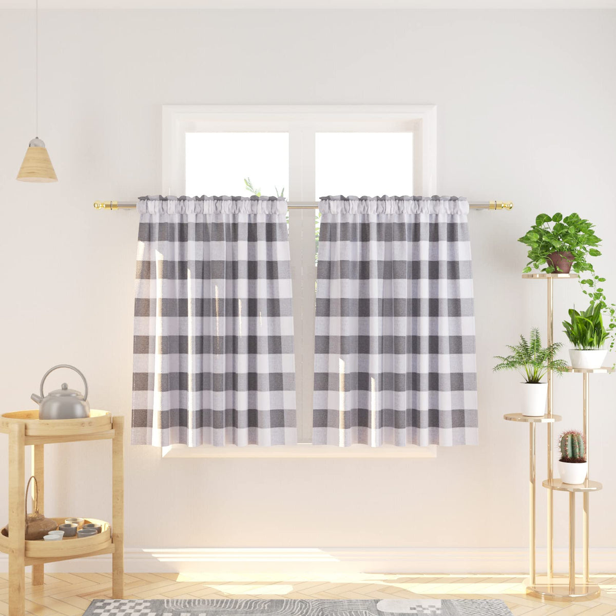 Buffalo Check Kitchen Tier Curtain 24 inches Long Plaid Gingham Rod Pocket Classic Cafe Curtains Country Farmhouse Kitchen Half Window Curtains 2 Panels Beige & White