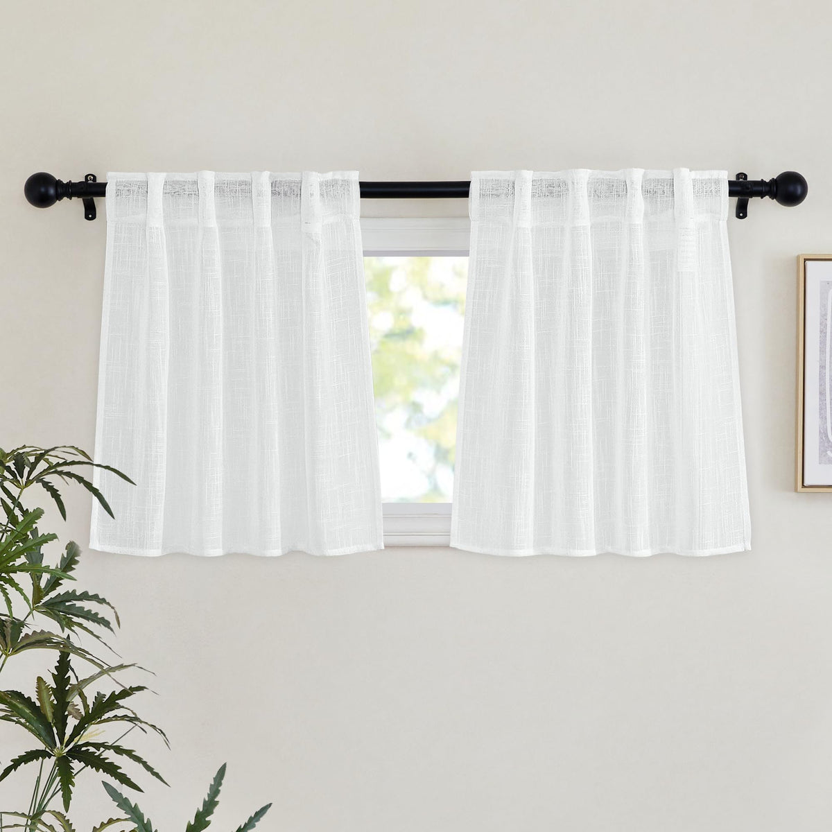 NICETOWN Natural Linen Kitchen Curtains 26 inches Long, Rod Pocket & Back Tab Semi Sheer Flax Window Treatments Rustic & Cute for Cafe/Kids Room, W37 x L26, 2 Panels