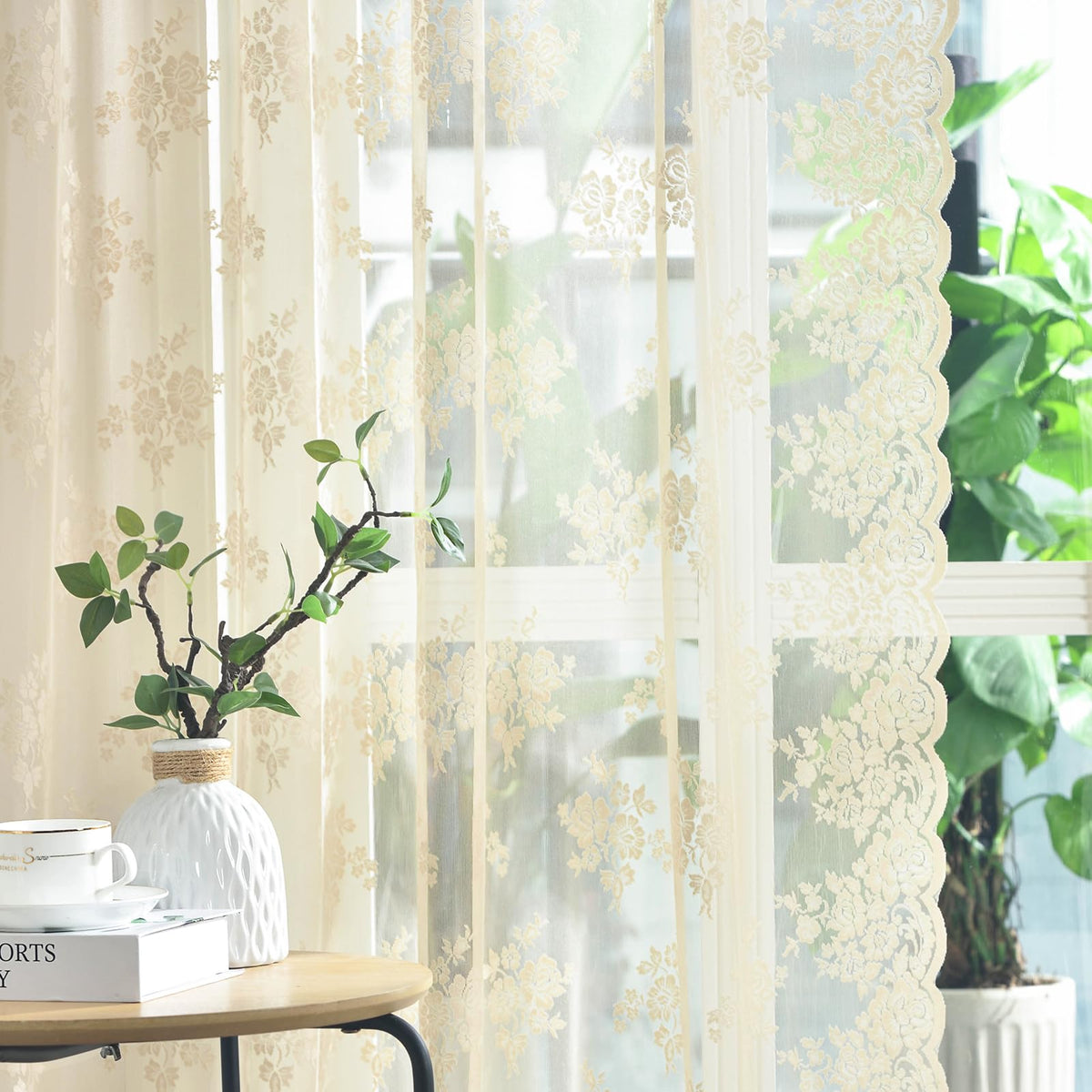 Kotile Short Beige Lace Curtains for Kitchen Windows W42xL45 Inch, 2 Panels