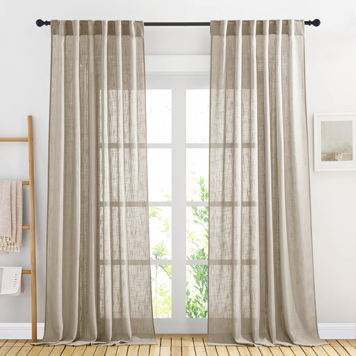 NICETOWN Natural Linen Kitchen Curtains 26 inches Long, Rod Pocket & Back Tab Semi Sheer Flax Window Treatments Rustic & Cute for Cafe/Kids Room, W37 x L26, 2 Panels