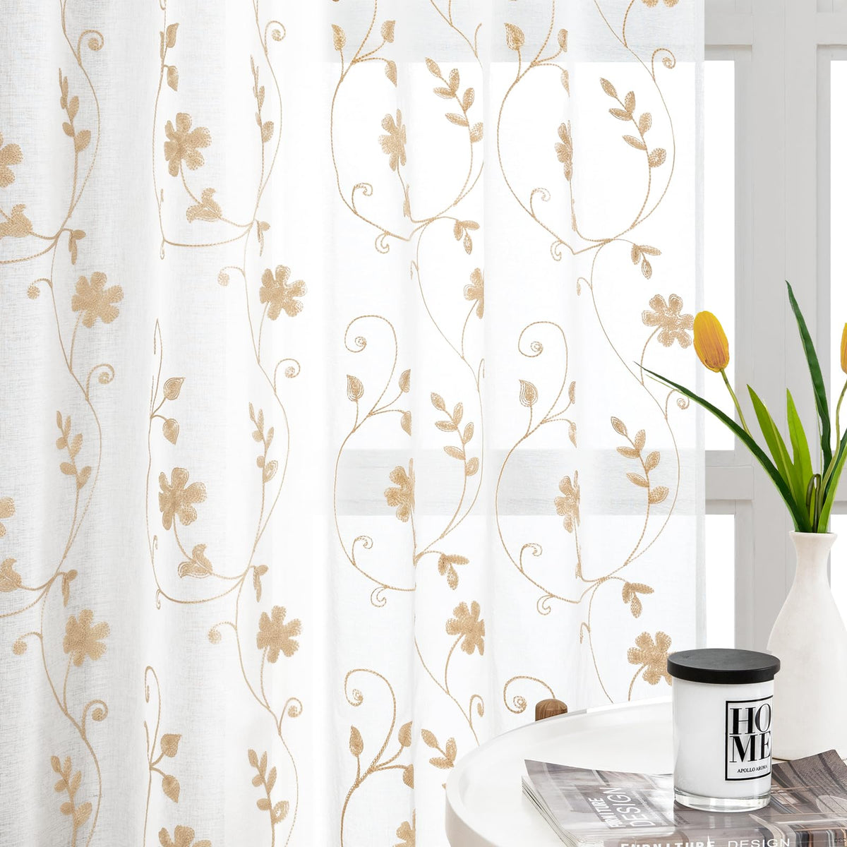 HOMEIDEAS Sage Green Kitchen Tier Curtains Leaf Embroidered, 30x36, 2 Panel