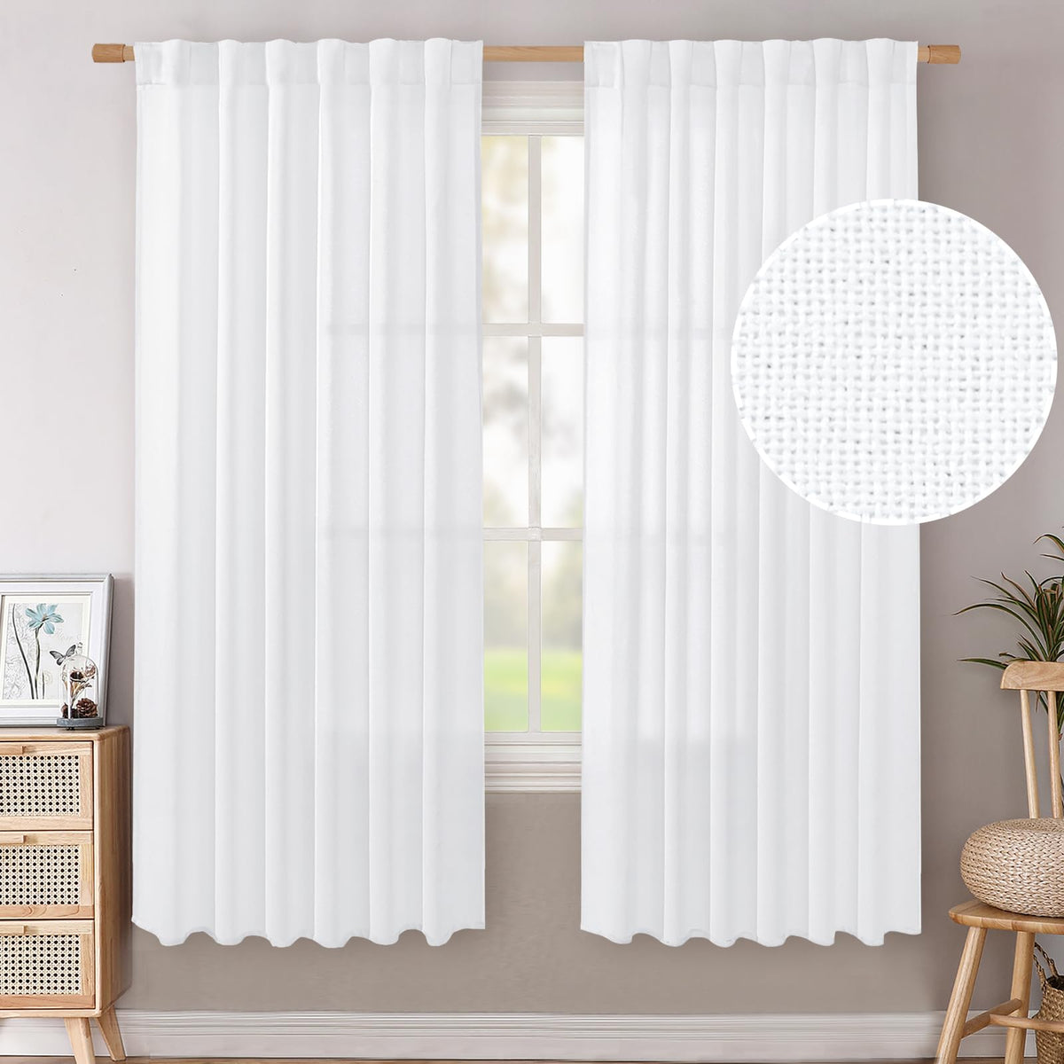 BGment White Linen Kitchen Curtains 40 Inch Length for Short Window