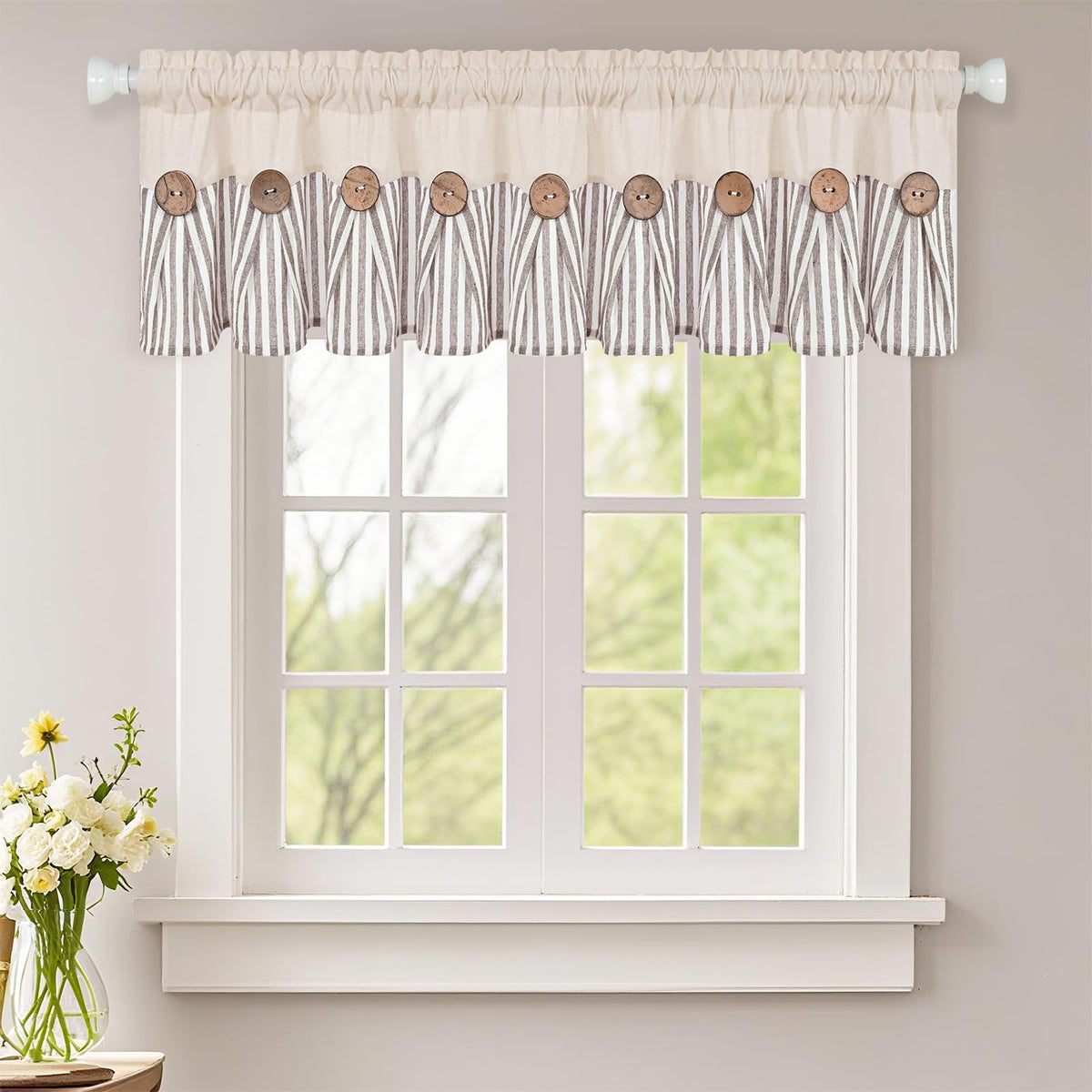 ASPMIZ Cotton Linen Kitchen Valance Curtains, Boho Rustic Button Linen Valances for Windows Farmhouse, Black with Grey Stripe Valance Window Topper Treatment Window Valances for Bathroom, 52 x 18 Inch