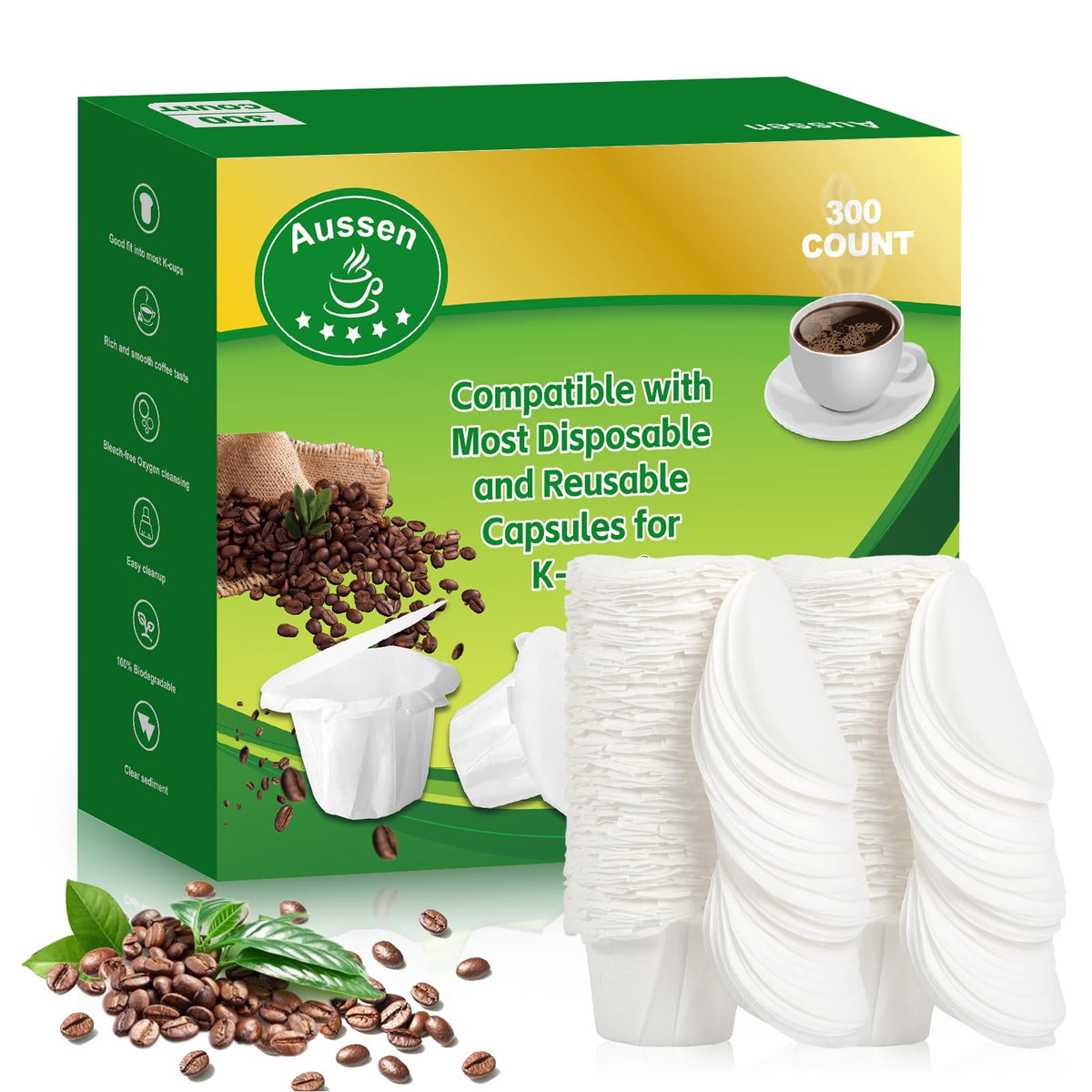 Aussen Disposable Coffee Paper Filters, Fits All Reusable K-Cup Coffee Pods