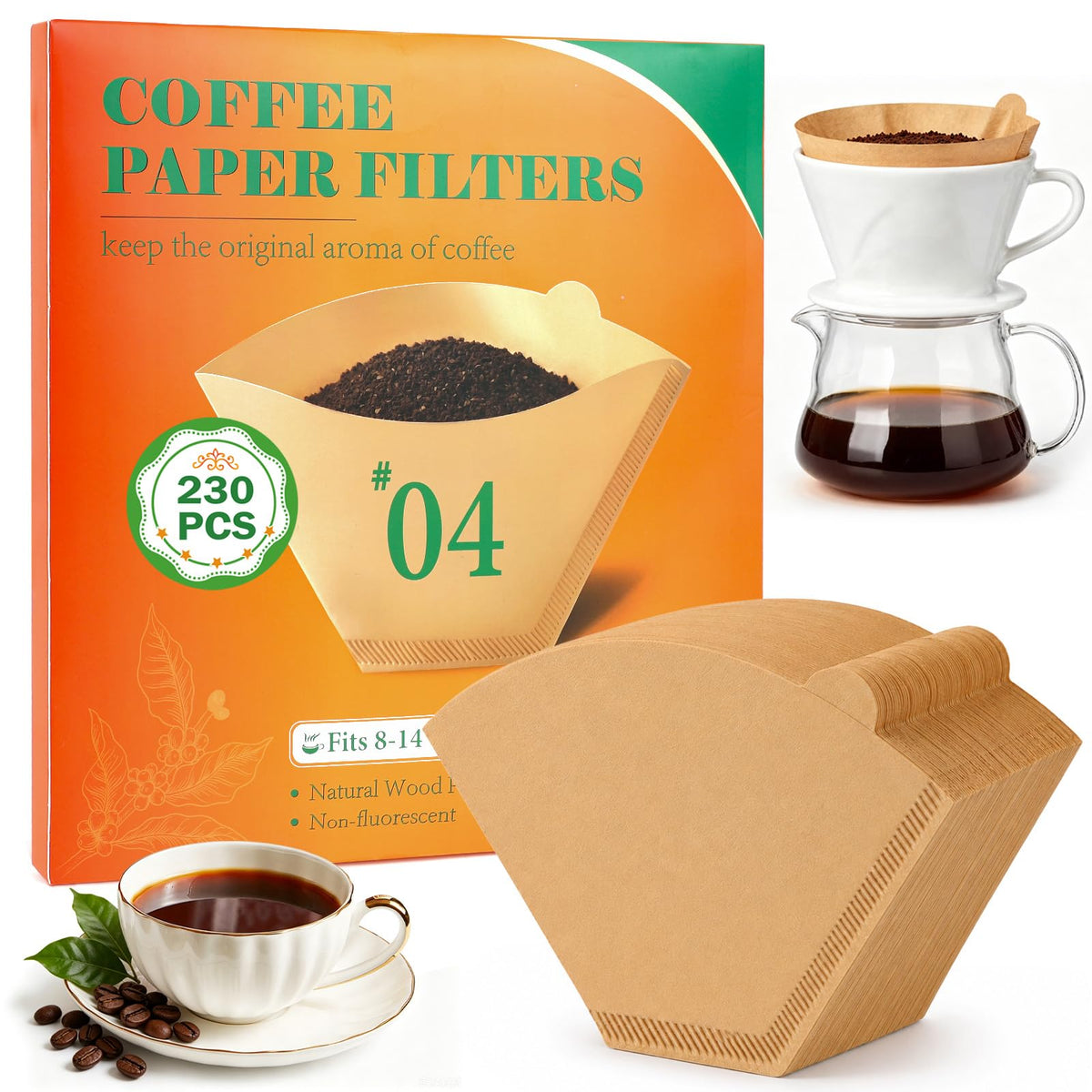 BYKITCHEN 400 PCS #4 Cone Coffee Filters, Fits 8-12 & 14 Cup, Unbleached