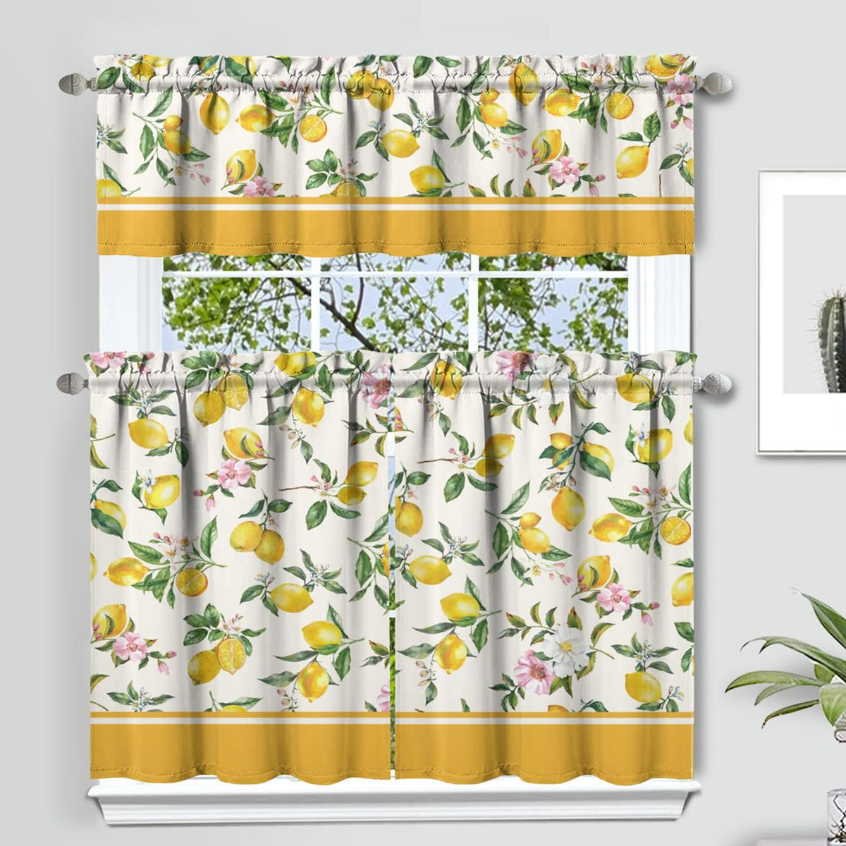 Sage Kitchen Curtain Valance 3 Piece Set, Sage Leaf Floral Kitchen Decor for Home Interior, Farmhouse Style Sink Window Curtains 36 Inch