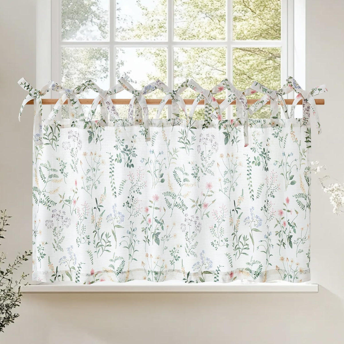 jinchan Floral Kitchen Tier Curtains 24 Inch 2 Panels Sage Green on Beige