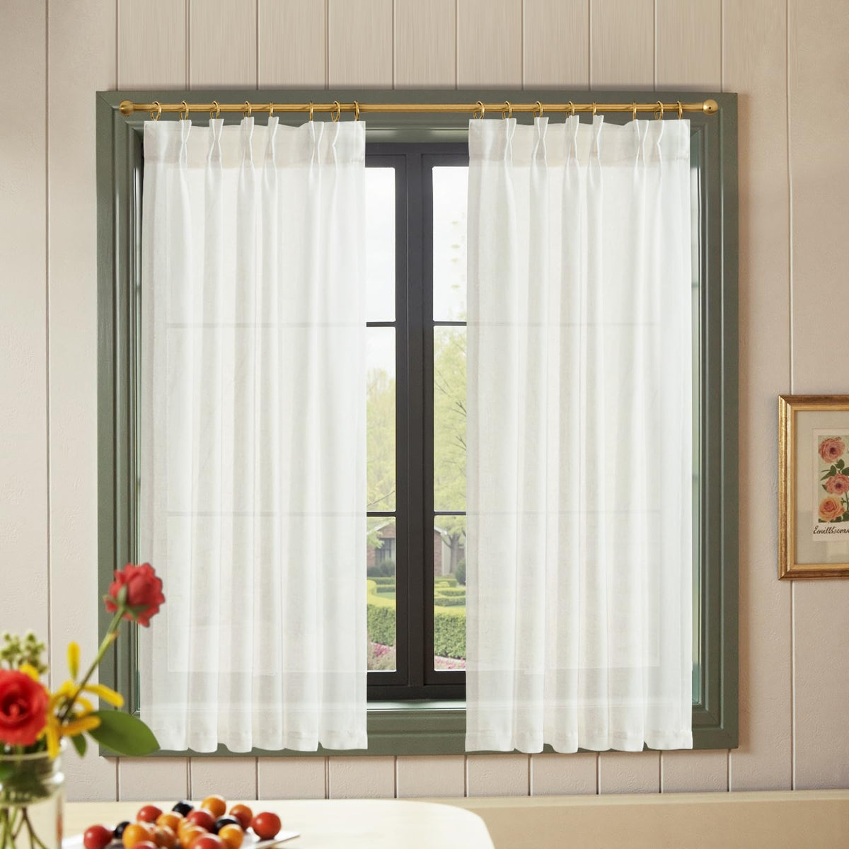 jinchan Linen Pinch Pleated Back Tab Tier Curtains, 26x36, Natural