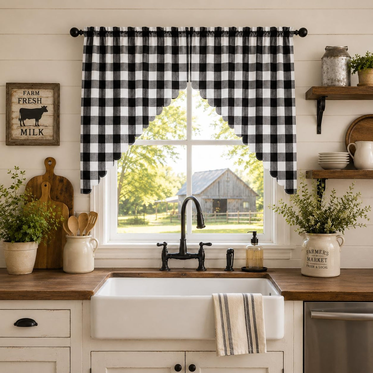 Beda Home Buffalo Check Swag Valance for Kitchen, Coffee/White, 52 x 18 in