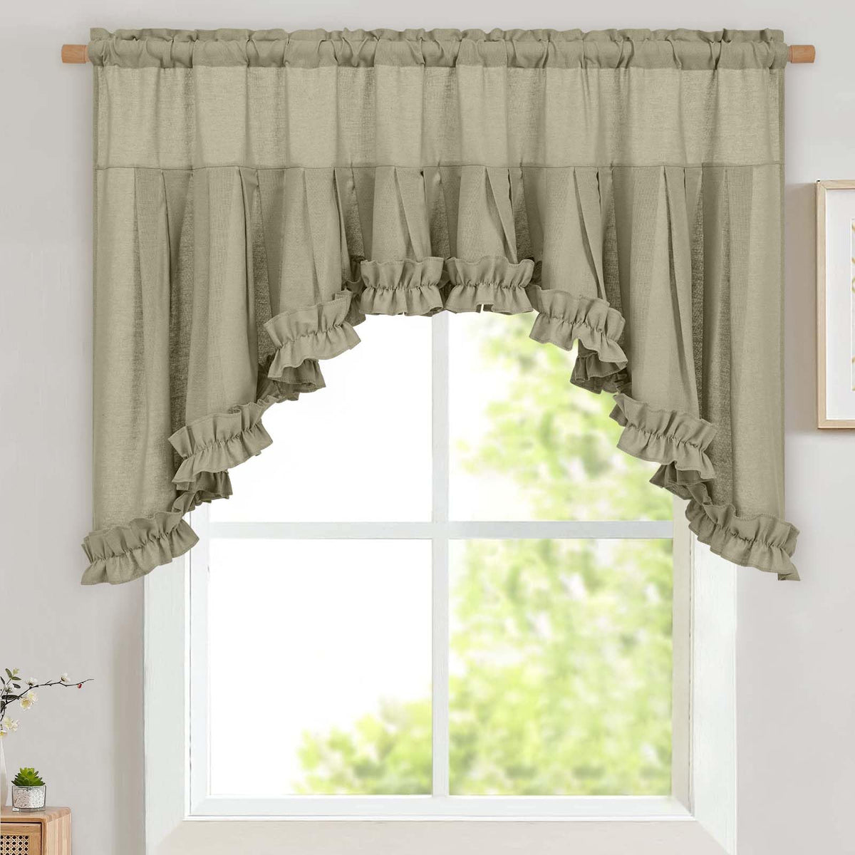 Likiyol Linen Valances for Windows Farmhouse Ruffle Swag Valance Rustic Country Window Valances Light Filtering Kitchen Curtains Rod Pocket Valance Curtains for Bathroom Cafe, Green, 60" W x 36" L