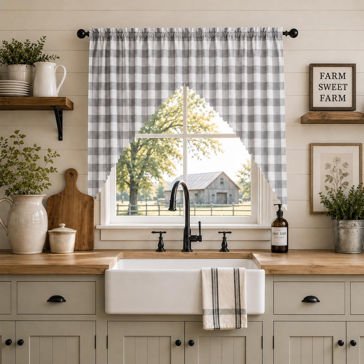 Beda Home Buffalo Check Swag Valance for Kitchen, Coffee/White, 52 x 18 in
